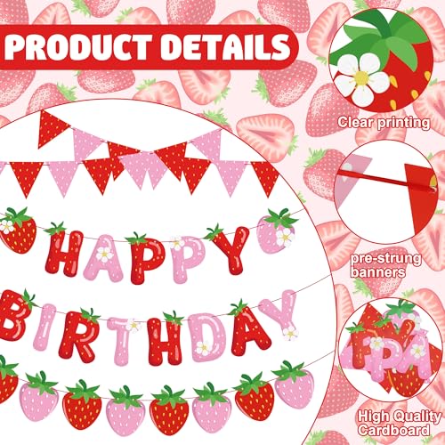 Image of 5 Packs Strawberry Happy Birthday Banner Strawberry Themed Paper Garland Red Pink Pennant Flags Bunting Banners Berry Sweet Birthday Party Decorations for Girls Birthdays Party Decor