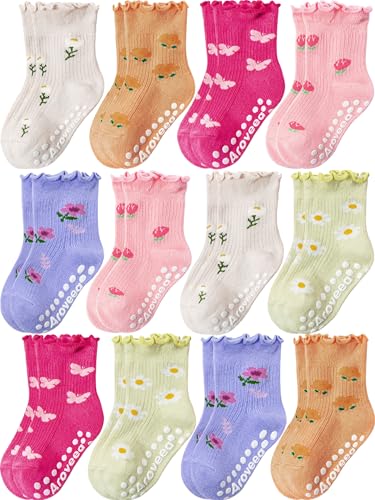 Image of Baby Toddler Girls Socks Grip Ruffle Non Slip Kids Cotton 12 Pack Socks | PREMIUM soft COTTON,full anti-slip grips,6month-7t grippy crew socks for girls,daily school all season wear,cute ruffle