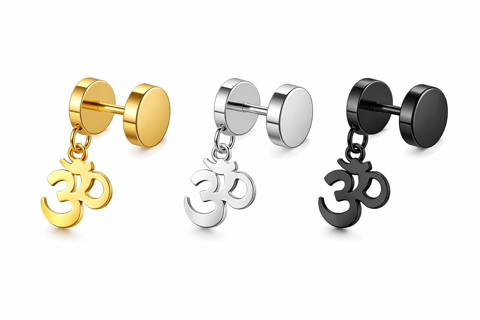 Stylish OM (ॐ) Symbol Dangle Stud Earrings Combo for Men & Women – Gold, Silver & Black Finish Fake Plug Barbell Earrings – Stainless Steel Spiritual Charm Earrings Set – Trendy Fashion Jewelry Gift Pack of 3-image-20