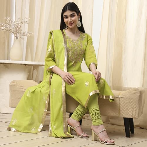 Image of BIBA Women Poly Chanderi Straight Printed Suit Set