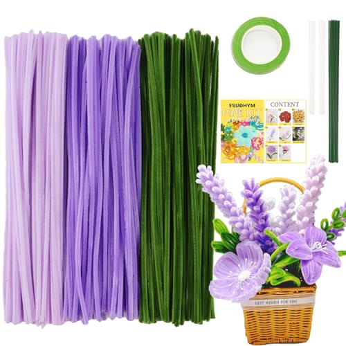 ESUOHYM Pipe Cleaners Craft Flower Kit Bulk Thick Chenille Stems Fluffy Fuzzy Sticks Pack Pipe Craft Kits with Instructions, Floral Stem, Floral Tape, Hot Glue Sticks Arts and Craft Supplies Lavender