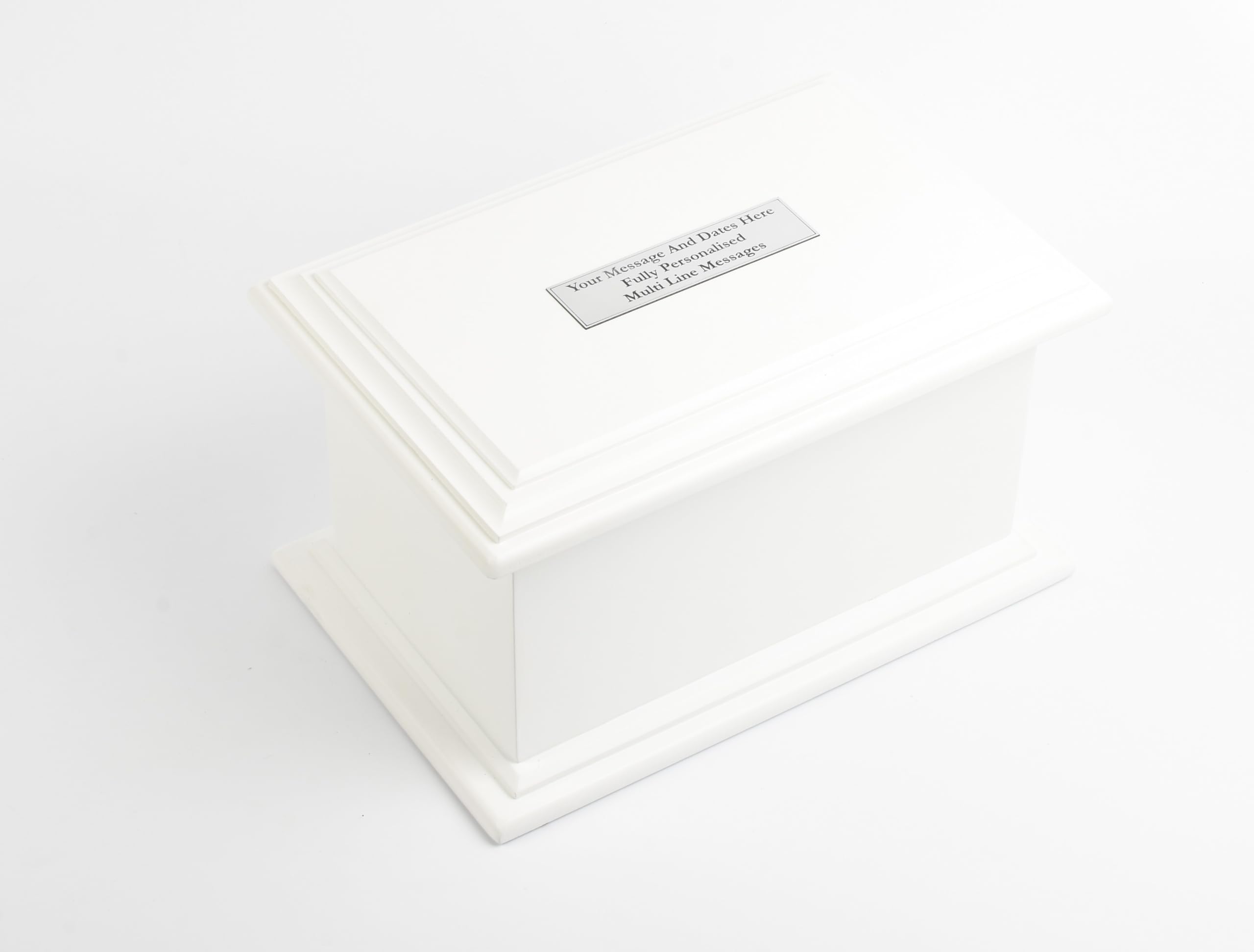 MDF White Painted Casket Urn Box – Refined Memorial Ashes Container with Secure Screw Bottom – Peaceful Tribute Design (Small, plaque)
