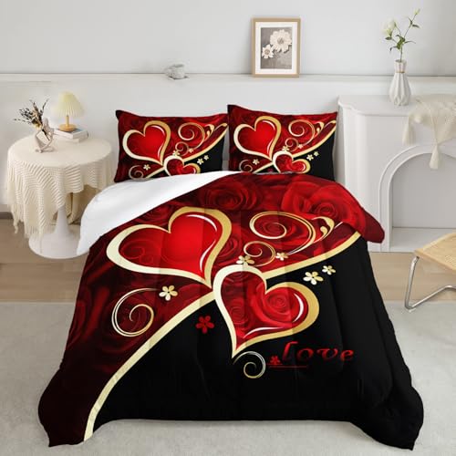 Image of AILONEN Red Rose Bedding Queen Size Couple Heart Love Comforter Set,Red and Black Comforter Set,Romantic Flower Bedding Set 3-Piece for Bedroom,1 Comforter with 2 Pillowcases