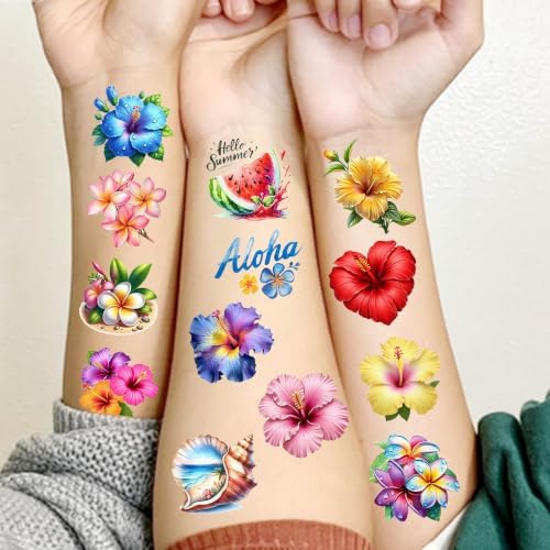 Bilizar 50 Sheets Hibiscus Temporary Tattoos For Aloha Party Favor Supplies Summer Tattoo Sticker, Hawaii Flower Hibiscus Plumeria Fake Tattoos For Women Adults Hawaiian Beach Pool Party Decoration — view 6