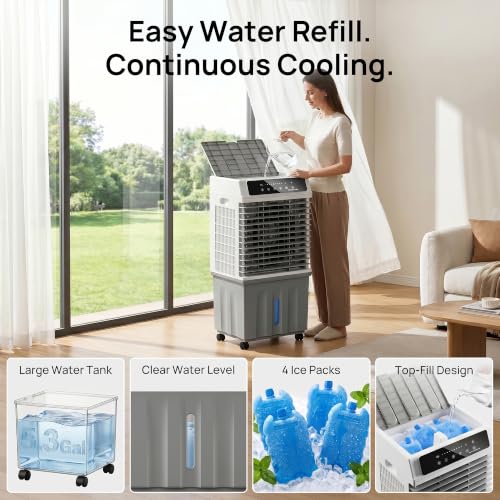 Image of Swamp Cooler,1800 CFM Evaporative Cooler with 5.3 Gal Water Tank,4 Ice Boxes,12H Timer,3 Speeds,4 Modes,120Oscillation,3-IN-1 Windowless Ac,Air Cooler for Indoor,Room,Bedroom,Kitchen,Office