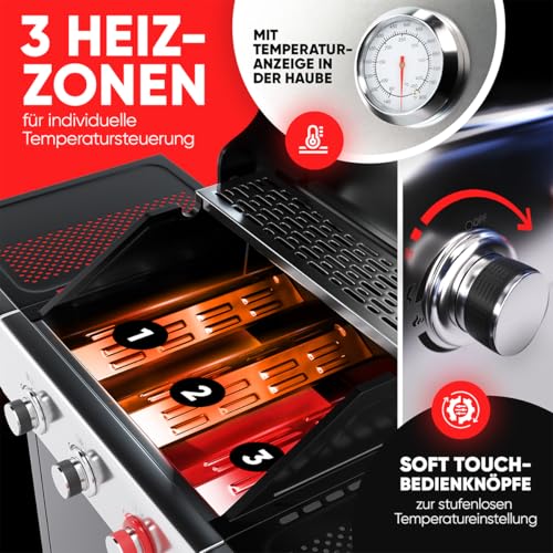 ProfiCook® Gasgrill für Temperaturen bis zu 400°C | mit Power-Zone | Roste aus echtem Gusseisen | Gasgrill 3 Brenner | Temperaturanzeige | Flaschenöffner | 3 Brenner | Balkon | PC GG 1310