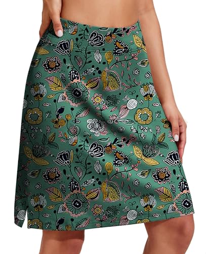 PINSPARK Tennis Rock Damen Sportrock Hosenrock mit Taschen Laufröcke Sport Golfrock mit Innenhose Graugrüner Druck M