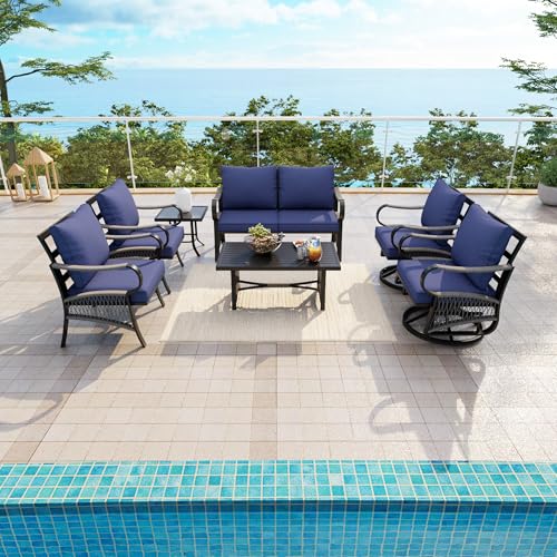Image of 7 Pieces Patio Conversation Sets, All-Weather Metal Swivel Rocking Chairs with Rope Furniture Set, Outdoor Sofa Couch for Deck, Porch, Garden, Backyard, Poolside (Blue Cushions)