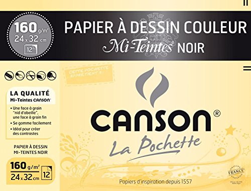 CANSON Mi-Teintes - Pochette 12 feuilles de papier dessin noir 24x32 - 160g/m²