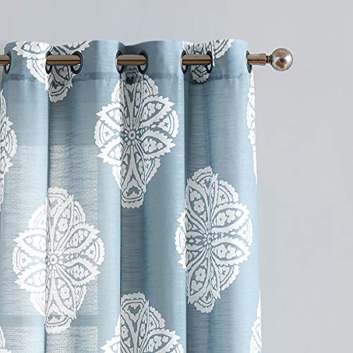 Treatmentex White And Blue Semi-Sheer Curtains For Living Room 84" Floral Medallion Print Window Panels Grommet Top 2 Pc #TOP2