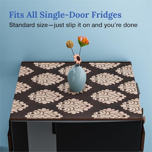Image of Kuber Industries Cotton Fridge Top Cover | Washable & Anti-Dust Refrigerator Top Cover with 6 Utility Pockets for Kitchen | Floral Design - Brown
