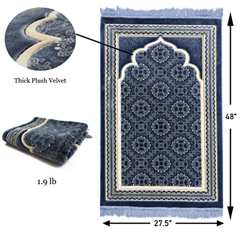 Modefa-Turkish-Islamic-Prayer-Rug-Soft-Velvet-Janamaz-Praying-Carpet-Comfortable-Muslim-Praying-Mat-for-Men-Women-Ramadan-or-Eid-Gift-with-Kufi-Prayer-Cap-Elegant-Swirl-Blue
