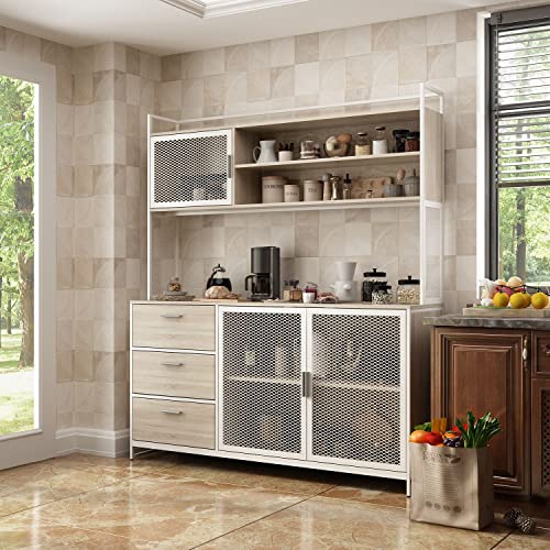 Didugo Kitchen Hutch Storage Cabinet With Drawers & Iron Doors, Kitchen Pantry Kitchen Buffet Cabinet With Metal Frame, For Hallway White And Beige (59”W X 15.7”D X 68.5”H) #TOP18