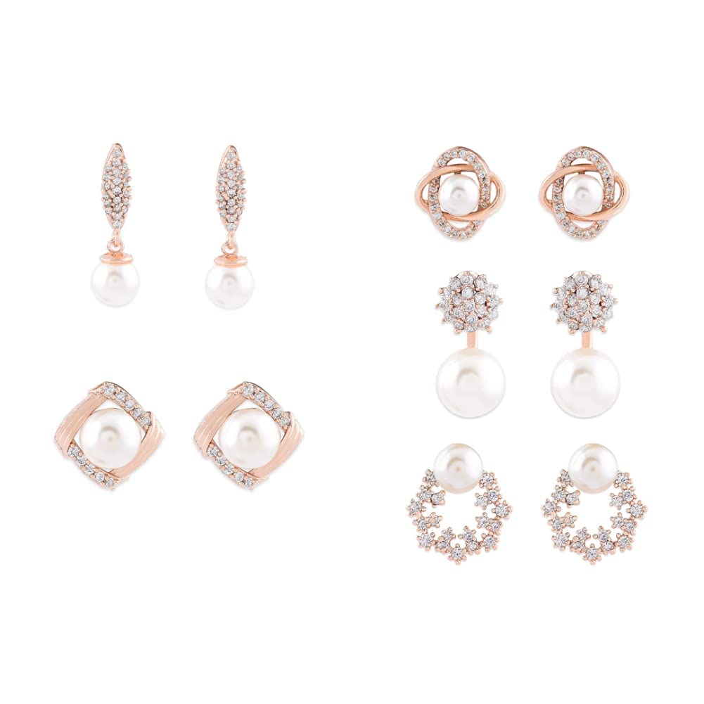 ZAVERI PEARLSCombo of 2 Rose Gold Cubic Zirconia Brass Drop & Stud Earrings For Women-ZPFK10379 with Zaveri Pearls Combo of 3 Cubic Zirconia & Pearls Contemporary Stud Earrings For Women-ZPFK10381
