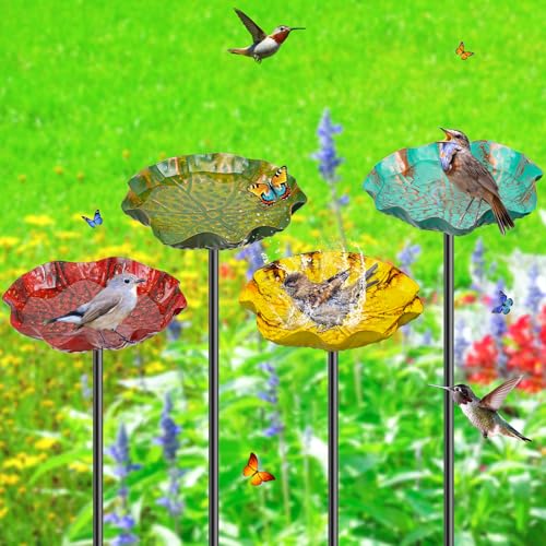 MeyRolizn 4PCS Hummingbird Bird Bath for Outside, Freestanding Metal Flower BirdBaths Bowl with Stake, Detachable Birdfeeder for Outdoor Yard Lawn Garden Decor (4PCS-Red-Yellow-Blue-Green)