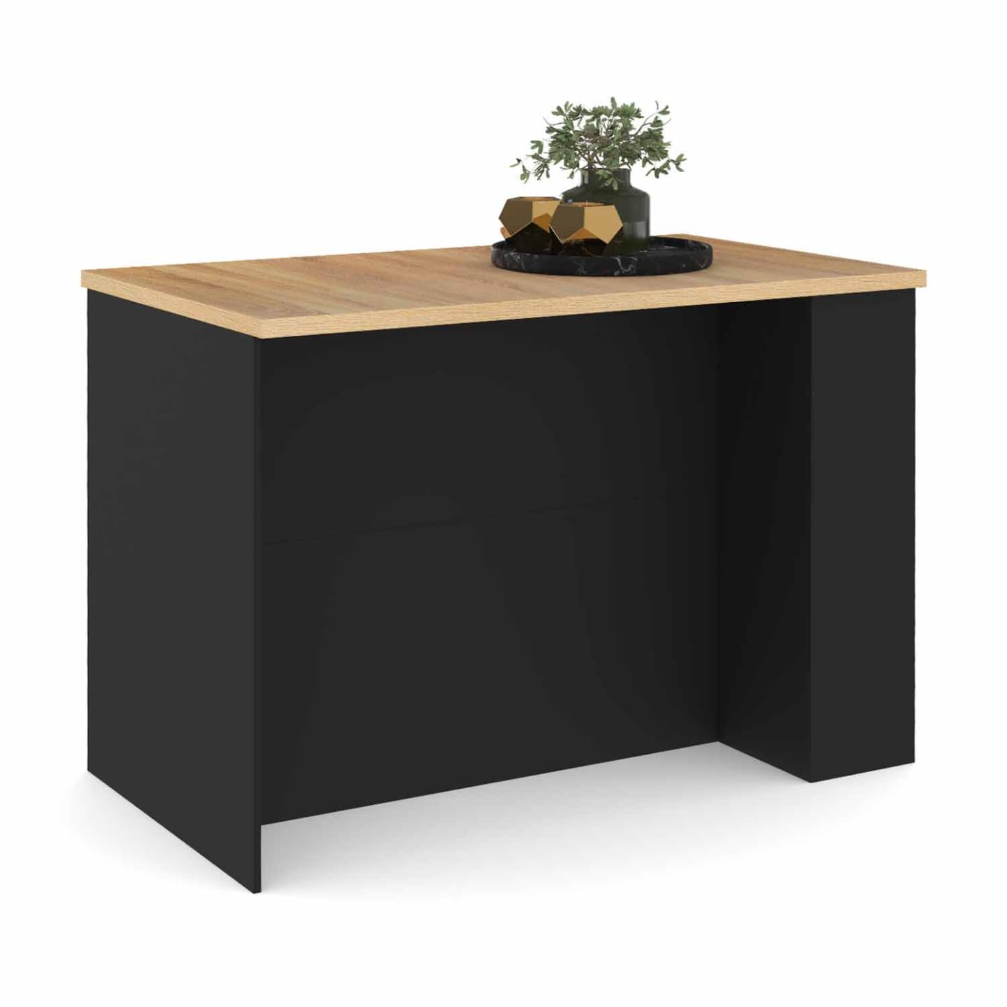 IDMarket - Ilot central TIBO 120 cm bois noir avec plan de travail façon hêtre