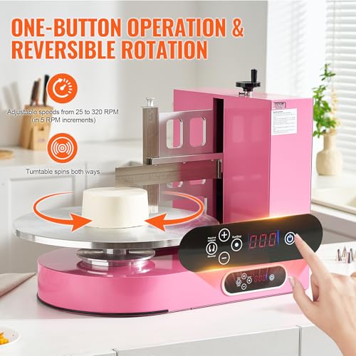 Image of VEVOR Cake Decorating Machine, Cake Cream Spreading Coating Smearing Machine, Low Noise Cake Frosting Machine, Turntable with Adjustable Scraper, for 4 inch to 16 inch Cake, 25-320RPM Rotating Speed, Pink
