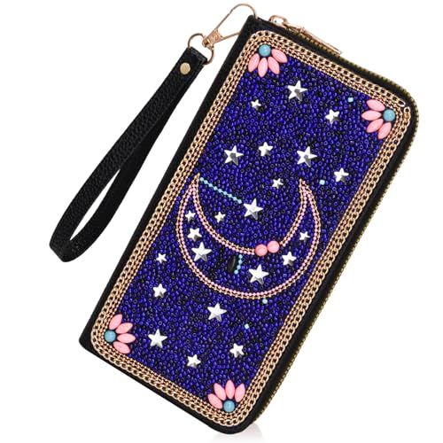 Ayuoejik Beaded Wristlet Wallet for Women Clutch Purse Card Holder with Large Capacity Portable Travel Wallet with Handcrafted Beads (Stars Moon)