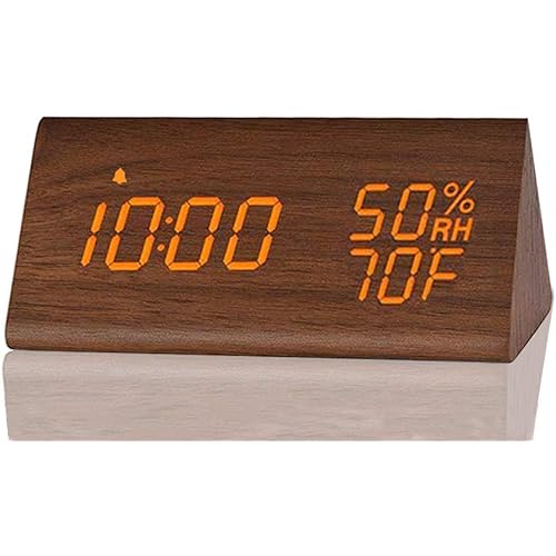 Digital Alarm Clock, with Wooden Electronic LED Time Display, 3 Alarm Settings, Humidity & Temperature Detect, Wood Made Electric Clocks for Bedroom, Bedside… (Brown)
