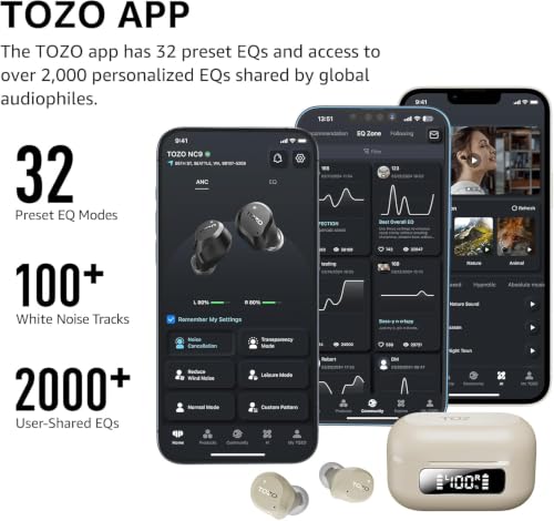 Image of TOZO NC9 Hybrid Active Noise Cancelling Wireless Earbuds, 60H, LED Display | 6 Mic ENC Clear Calls, Deep Bass Sound, IPX8, in Ear Bluetooth 5.3 Headphones,32 EQs via APP, Comfort Fit Ear Buds,