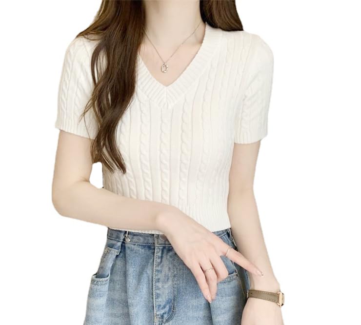 Image of ICW Women's Acrylic Knitted Ribbed Half Sleeve V-Neck Self Design Crop Top T-Shirt 128