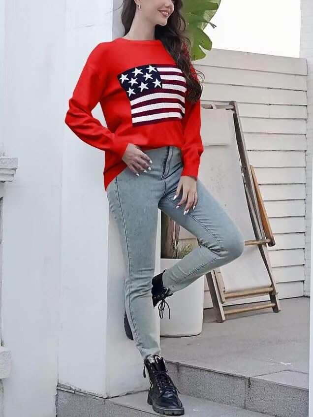 Image of Dressmine Womens American Flag Knit Sweater Crew Neck Long Sleeve Pullover
