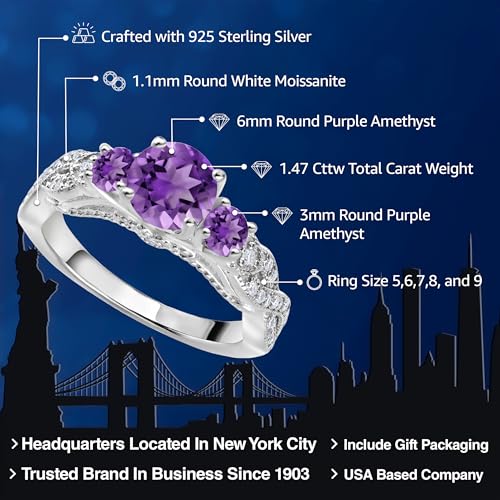 Gem Stone King 1.47 Cttw Purple Amethyst and White Moissanite Engagement Ring For Women | 925 Sterling Silver | Gemstone February Birthstone | Round 6MM and 3MM | Available In Size 5, 6, 7, 8, 92