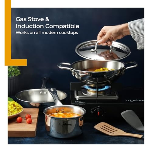 Image of Lifelong Triply 5 piece cookware set|Triply Kadai, Frypan, Saucepan & Tadka Pan for Cooking | 20cm Kadai (1.7L)& Fry Pan (1.2L) 20cm| 14cm Saucepan (1.2L) & Tadka Pan 10 Cm with Common Lid (LLTPDK009)|Induction and Gas Stove Compatible