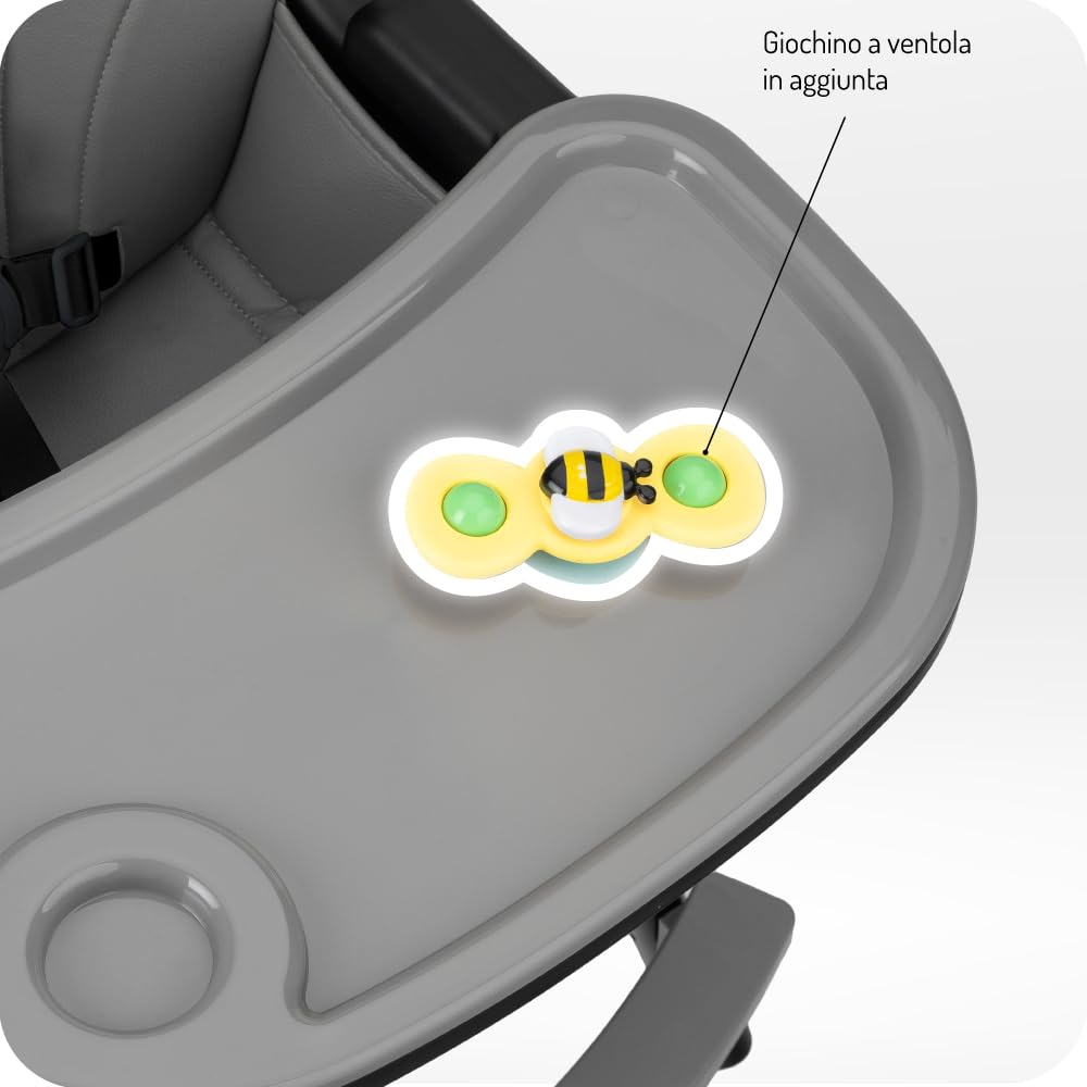 MoMi Seggiolone Pappa Evolutivo 3 in 1 - Sedia Evolutiva per Bambini da 6 a 36 Mesi - Cinture di sicurezza, Rivestimento in ecopelle, Poggiapiedi, Portabicchiere, Gioco con Ventosa - Nero