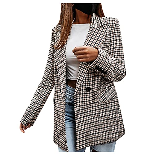 Generisch Damen Sakko Kariert Tweed Blazer Oversized Jacke Hemdjacke Karo Lange Ärmel Herbst Winter Übergangsjacke Mit Taschen Knopfleiste Revers...