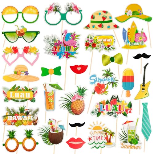 Kit Accessoires Photobooth Hawaiien Tropical été Décoration Fête Luau Photomaton Hawaïenne 29 Pieces Photobooth Plage Piscine Anniversaire Vacances Evenement Estival Accessoires Photo pour Soiree