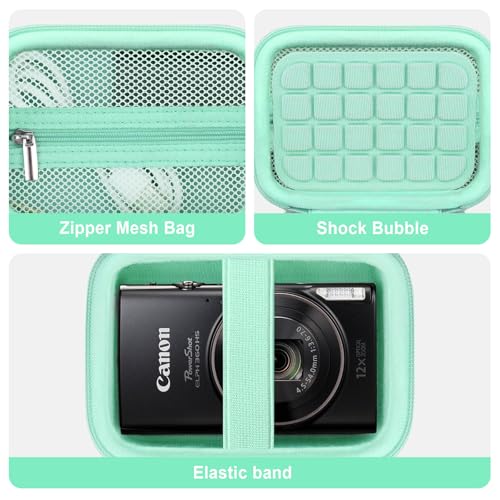 Image of Camera Case for Canon PowerShot ELPH 360 HS A, IXY 650 /ELPH 360 Camera Protective Case Storage Holder Travel Bag with Wrist Strap, Mesh Pocket for Battery Pack, USB Cable, Light Green