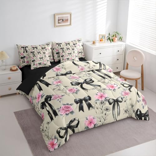 Image of Black Bow Tie 7 Piece Comforter Set Full Bed in a Bag | Boho Floral Pink Flowers Bedding Sets Princess Bow Comforter and Sheet Set, Girly Ribbon Bowknot Bed Sets,Cute Room Decor Aesthetic Kawaii