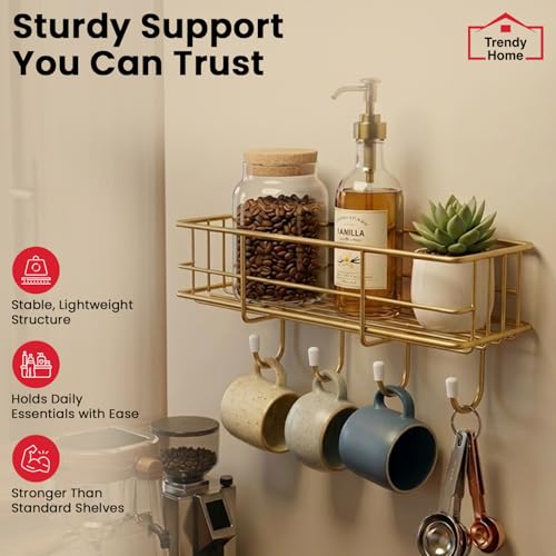 Image of Trendy Home Self Adhesive Bathroom Shelf Organiser, Drill-Free Wall Rack | with Magic Stickers & 4 Hooks, Rust-Proof Storage Shelf for Bathroom, Gold