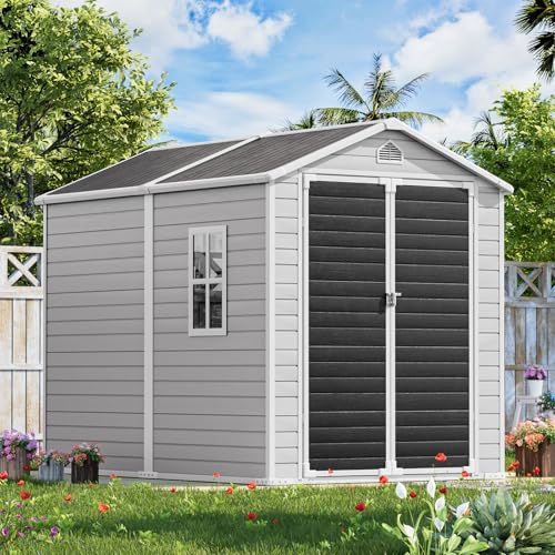 Resin Outdoor Storage Shed with Floor 8x6x7 FT Waterproof Plastic Sheds Kit with Window for Garden Backyard Patio Lawn Outside Tools Shelter