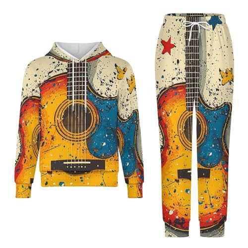 Boys Girls Hoodie Pants Hooded Sweatshirt Sweatpant 2 Piece Clothing Set, Cartoon Guitar Retro4