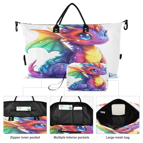 Travel Duffle Bag Weekender Bags Overnight Bag with Toiletry Bag Gym Duffel Bag Orange Purple Yellow Cute Drangon for Travel Business Trips Sport2