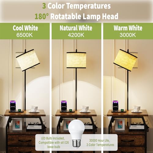 Image of runjuly Floor Lamp with Table Set 2, End Table with Light & Charging, Brown | 3-Color Temperature Bulb, Type-C & USB Ports & Power Outlets, Fabric Drawers, Lamp Tables Combo for Living Room Bedroom Dorm