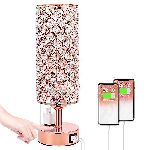 Image of Hong-in Crystal Table Lamp, Rose Gold Bedroom Lamp with USB C+A Ports & AC Outlet, 3 Way Dimmable Light with Crystal Lampshade, Bedside Lamp Touch Light for Living Room, Charge Phone (Bulb Included)