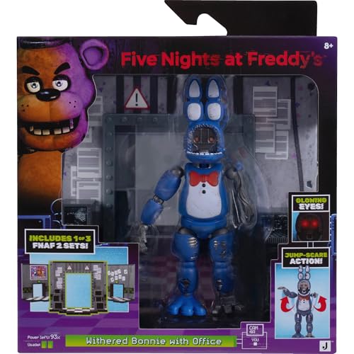 Jazwares Five Nights at Freddys Withered Bonnie Office Set - 5-Inch Articulated Figure with Jumpscare Feature Glow-in-The-Dark Eyes and Optical Diorama