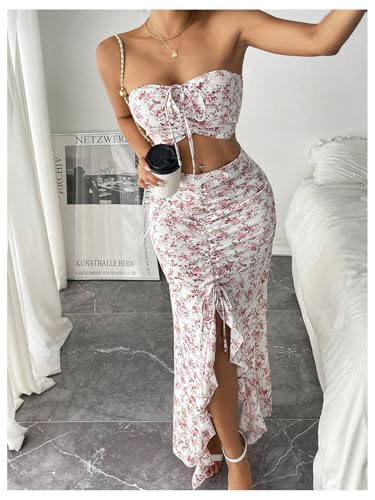 SHENHE Women's Floral 2 Piece Outfits Smocked Crop Tube Top and Ruched Ruffle Slit Maxi Skirt Set3