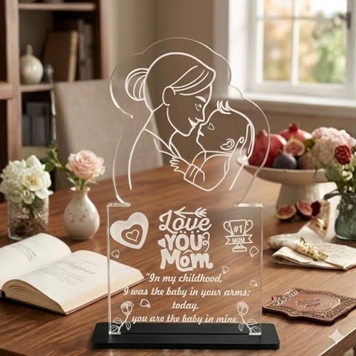 Image of DIGI ARTS Mom Acrylic Plaque Gift - Clear Engraved Acrylic Desk Decor, Thank You Mom Keepsake from Son or Daughter, Birthday & Mother's Day Gift for Mom, Tabletop & Home Decoration 12x14(cm)