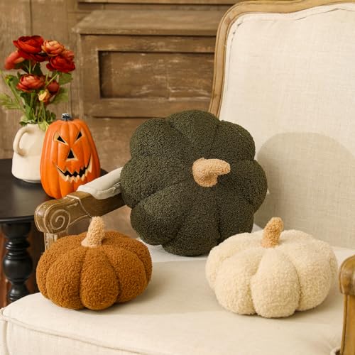 3 Pcs Fall Halloween Sherpa Pumpkin Throw Pillow Fleece Pumpkin T...