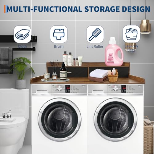 GarveeHome 2-Tier Washer Dryer Countertop with 2 Drawers, Wood Laundry Countertop with 2.75" H Edge Rails, Waterproof Washer Dryer Cover with Anti-Slip Pads for Laundry Room Organization and Storage
