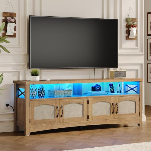 DWVO Farmhouse TV Stand for Living Room, Boho Entertainment Center for Bedchamber w/2 Rattan Cabinets, Television Stand w/Storage Large Media Console Table for TVs up to 50 55 60 65 Inch (Oak)