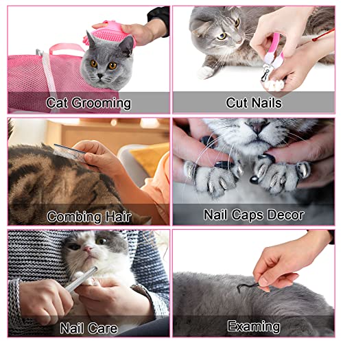Image of JULMELON 10PCS Cat Bathing Bag Adjustable Shower Washing Net Grooming Set | Polyester Mesh, Kitten Adult Pet Grooming, Shower Bathing Nail Trimming Examination, Brush Clipper File Comb Tick Tool Caps