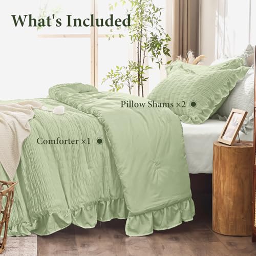 Image of JOLLYVOGUE Sage Green Comforter Full Size, 3 Pieces Seersucker Lightweight Full Size Bedding, All Season Fluffy Microfiber Bedding Comforter Set with 1 Ruffle Comforter and 2 Ruffle Pillowshams