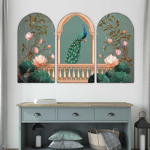 Image of Livin'luxe Peacock Wall Art | Set of 3 MDF Panel Paintings | Lotus Floral & Balcony Palace Theme Decorative Wall Hanging for Living Room, Bedroom & Home Interiors