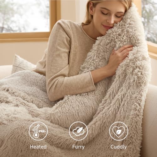 Image of Bedsure Faux Fur Long-Pile Heated Blanket King Size, Dual Control, Beige