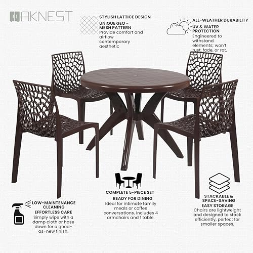 Image of Supreme Web Chair & Marina Table 5-Piece Set | Heavy Duty Plastic 4-Seater Dining Set for Living Room, Garden, Cafe & Outdoor Balcony, Color: Globus Brown